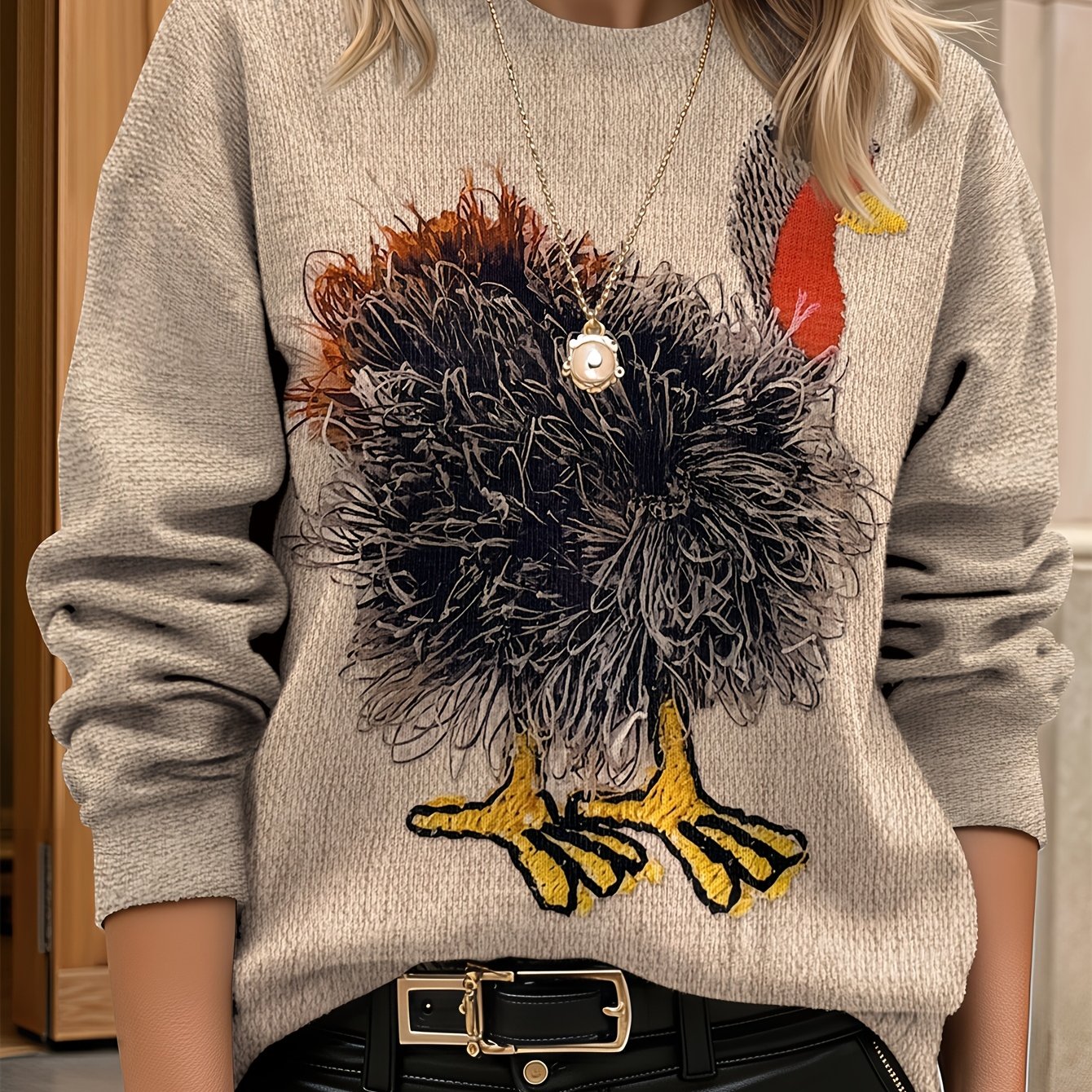 TEMU [printed Design - Not Textured] Women's All Over Printed Long Sleeve Universal Crew Neck Lightweight Sweater, Trendy Wear, Ultra Hd Turkey