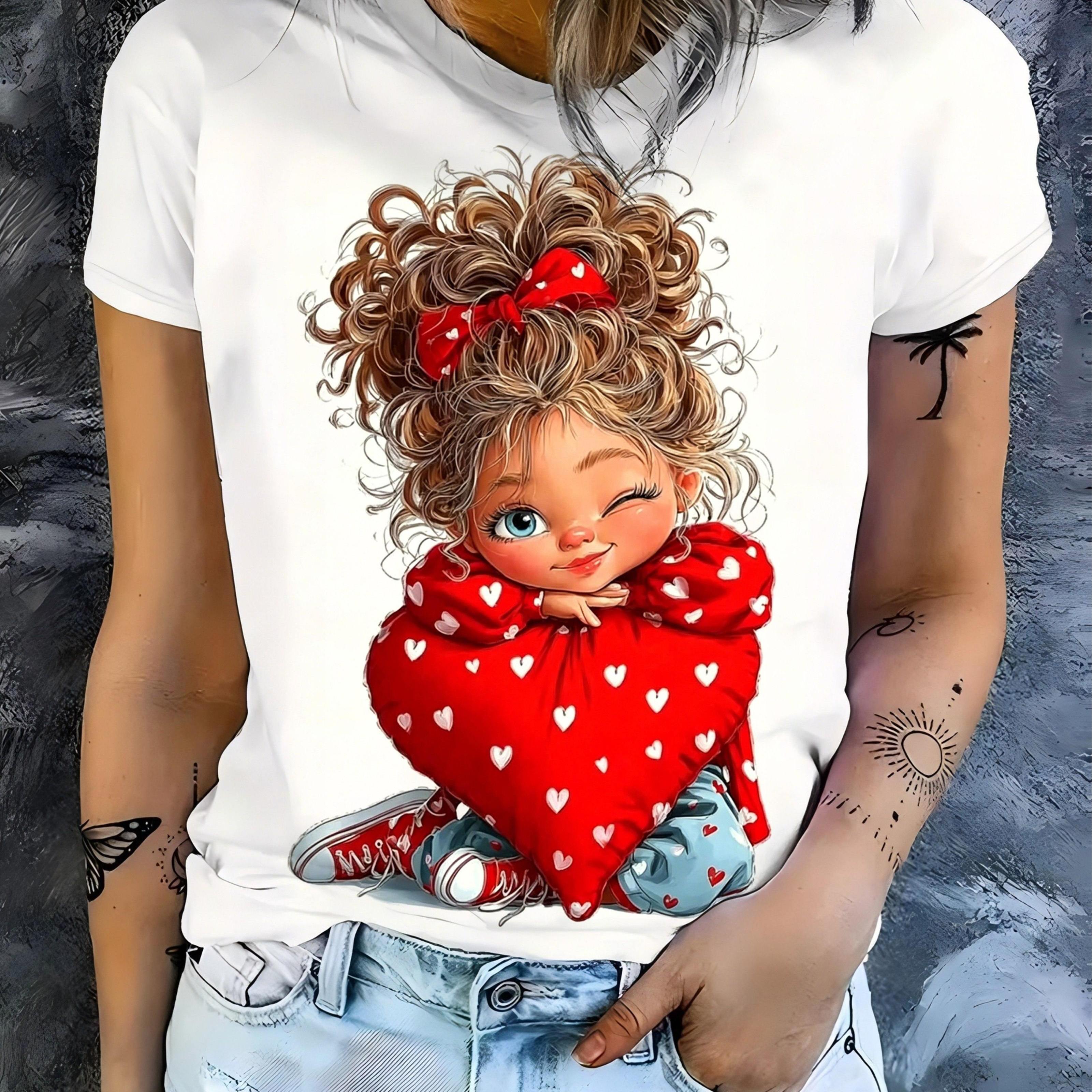 Image of Women And Men's Crew Neck Short Sleeve White T-shirt, Cartoon Curly Hair With Red Polka Dot Bow Hugging Red Heart Pillow Eye Tops