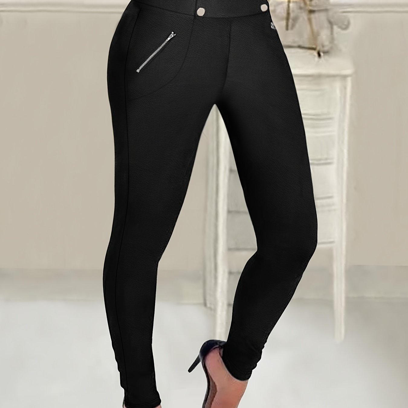Women's High-waist Black Double-breasted Leggings - Slim Fit, Zipper Detail, , , Comfortable Clothing | Sleek Leggings | Smooth Texture