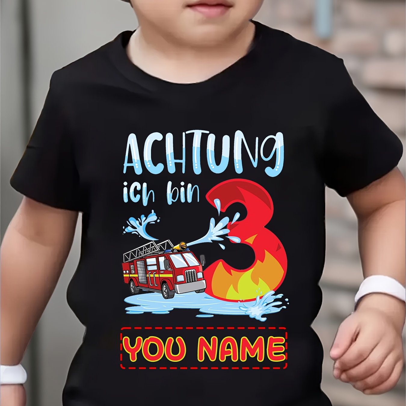 Image of Customizable Truck T-shirt With Flame Letter Design For A 3rd Birthday, Ideal For Party Gifts