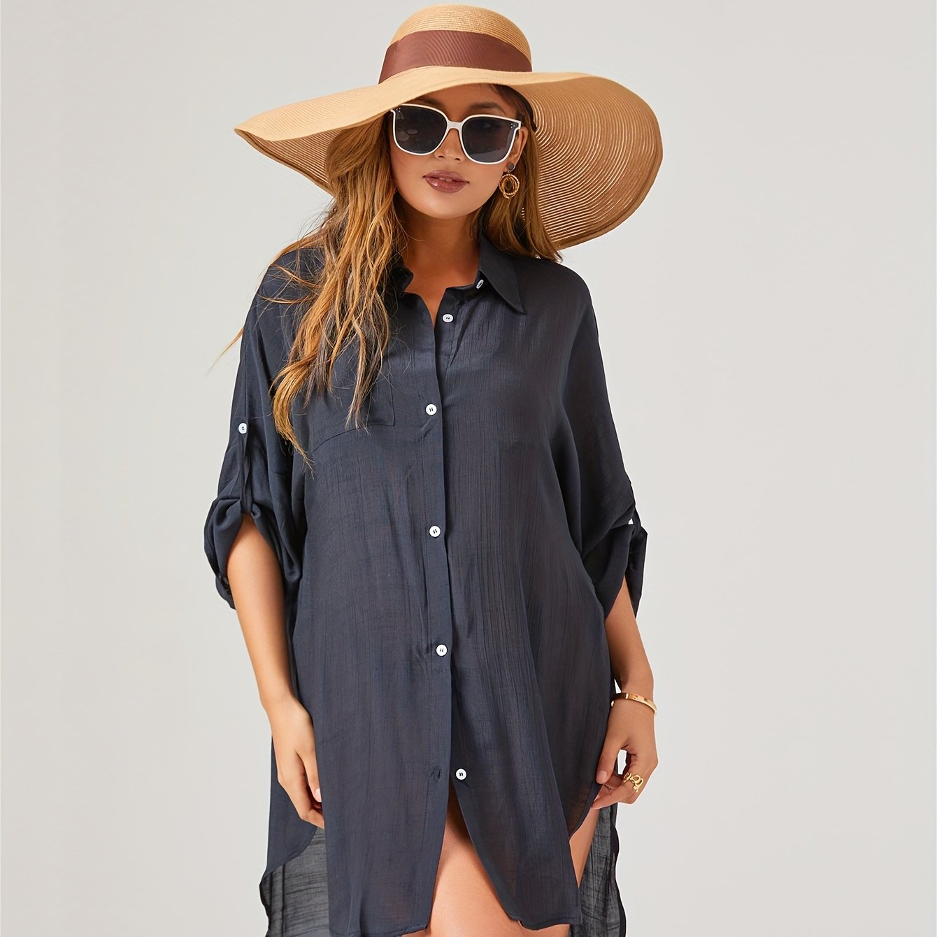 Plus Size, 1pc Women's Summer Plus Size V-neck Solid Color Shirt, Suitable For And Outdoor Beach Cover-up