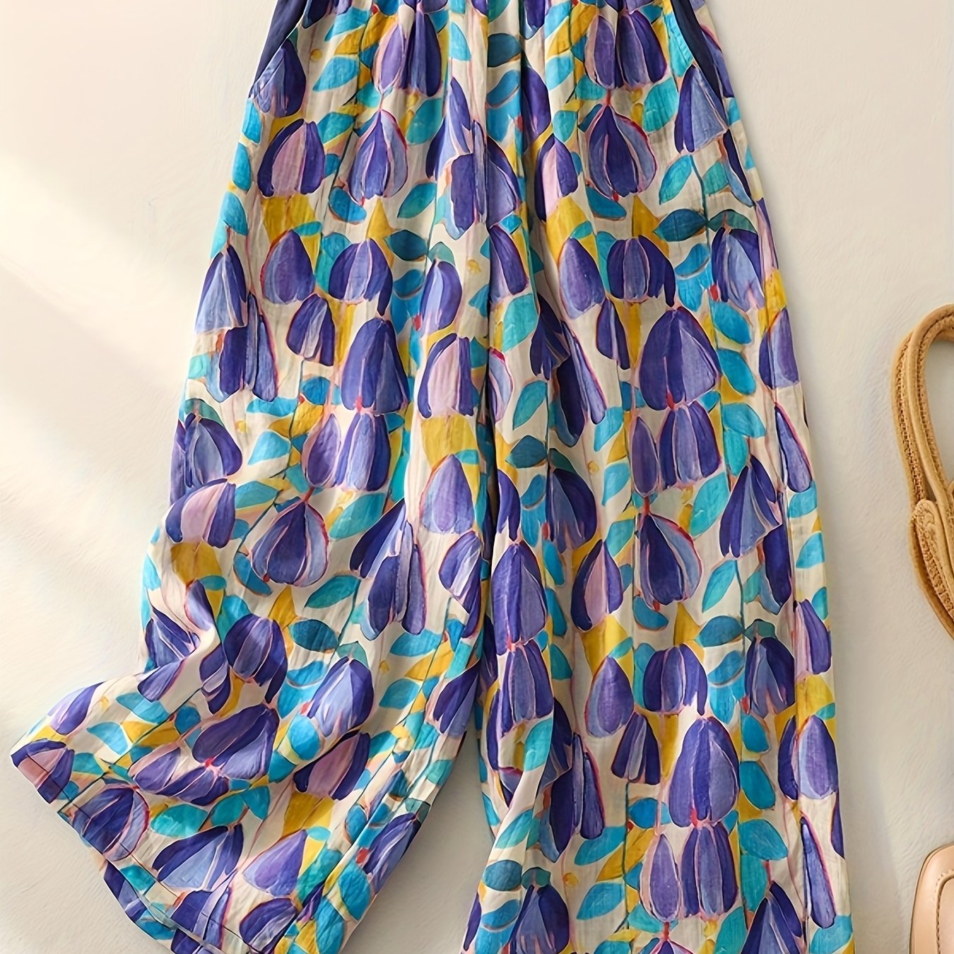 E-shop Sommerliche, dünne Damenhose mit schlichtem Farbblock-Print, weitem Bein, hoher Taille, schlichtem Rock, lässigem, vielseitigem, kurz