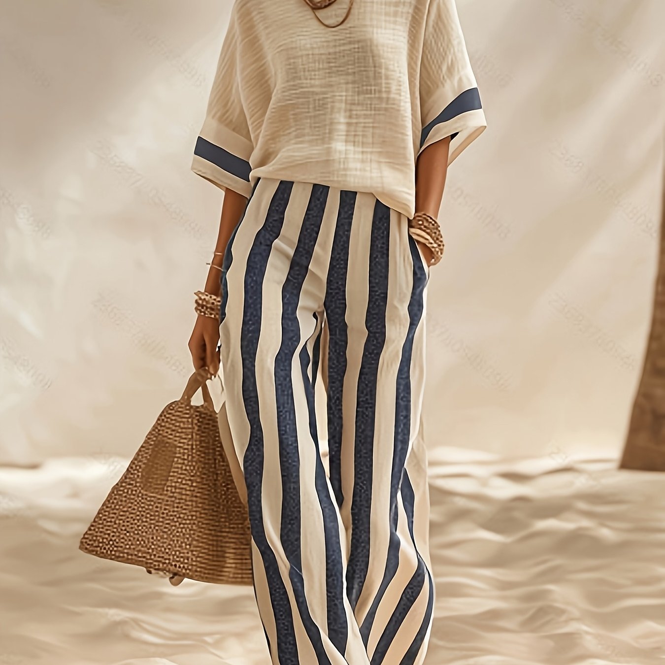 TEMU Women's 2pcs Summer Nautical Outfit - Relaxed Fit Batwing Sleeve Top And High-waist Vertical Striped Wide-leg Pants Set, Chic Vacation Resort