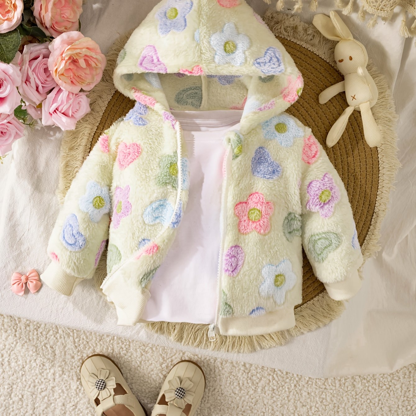 Image of Baby Girls Floral Hooded Jacket - Long Sleeve Coat With Zipper, Soft Fabric, Regular Fit For Outdoor Fall/winter, Skiing Compatible, Thick