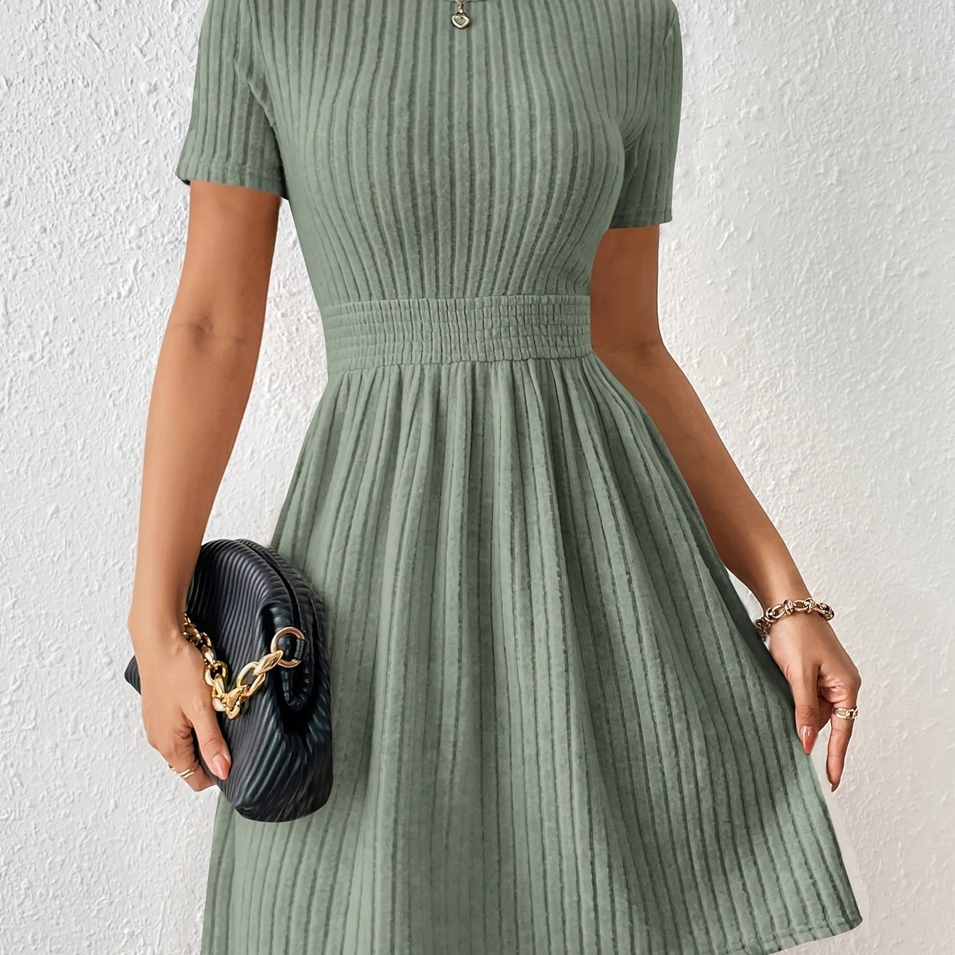 Casual Solid Color Ribbed Waist-knot A-line Dress