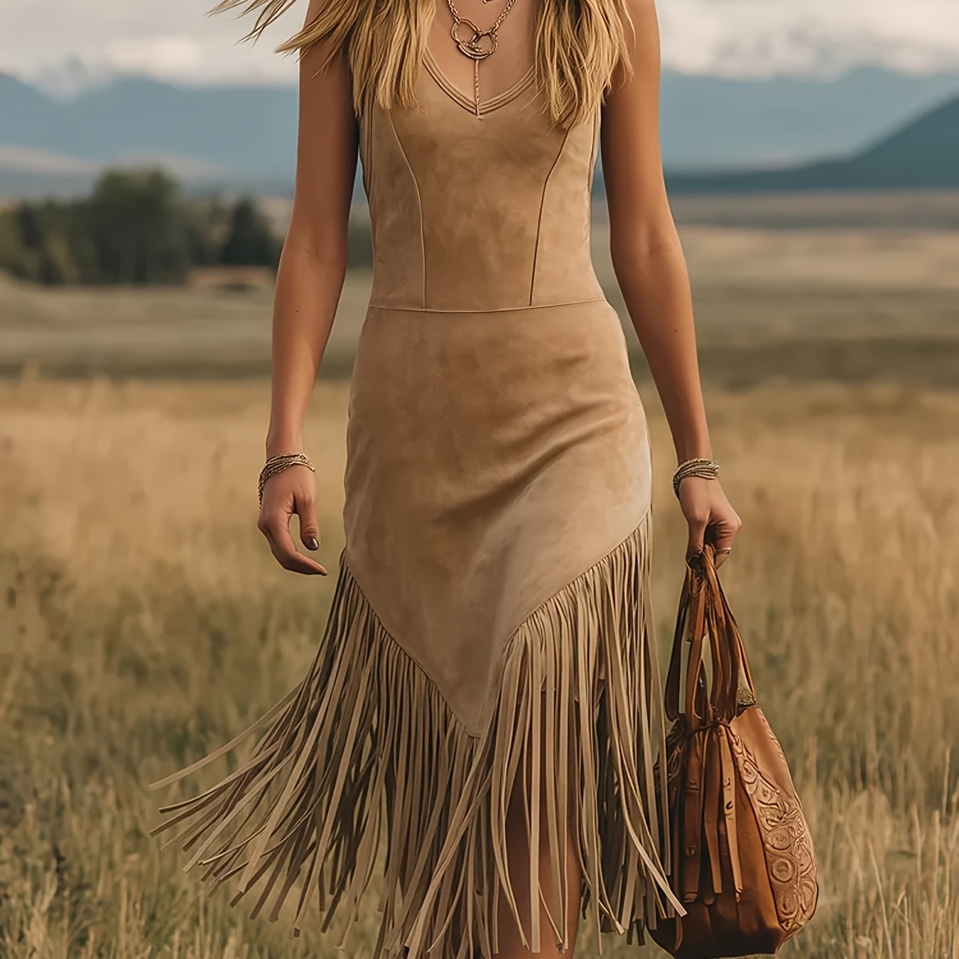 TEMU Fashion Retro Western Style Deerskin Velvet Tassel V-neck Dress Women's Dress Ytd Cherry
