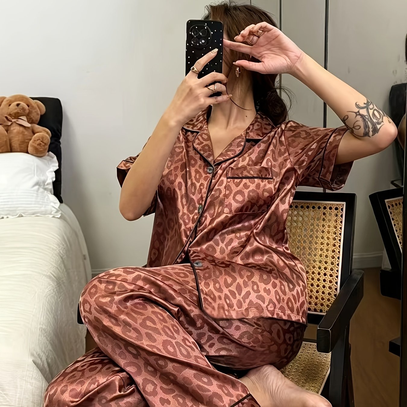TEMU Ensemble de détente pour femme, jacquard à imprimé léopard, qualité supérieure, noir, avec pantalon long et haut à manches courtes
