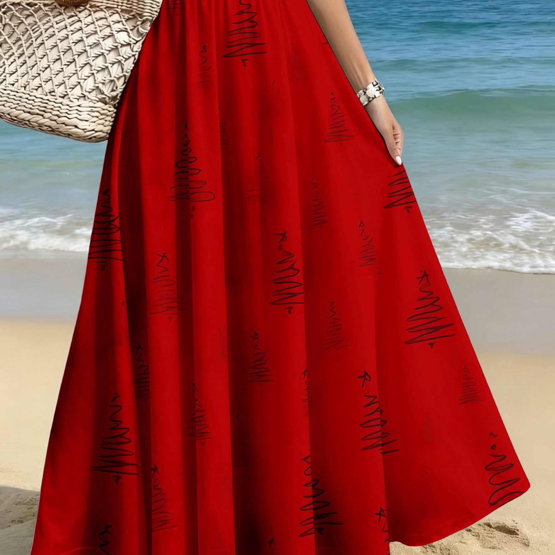 TEMU Plus-size Women's Elegant And Stylish Half-skirt, Casual Printed Midi Skirt, Red Background With Repeating Christmas Tree Pattern Print,
