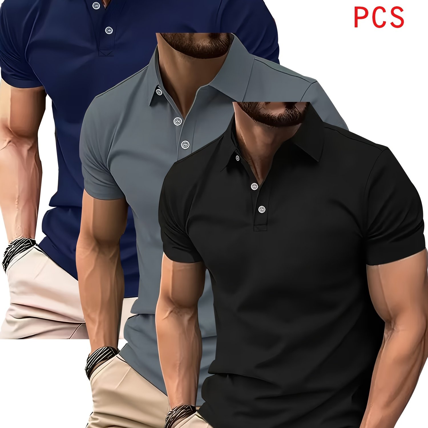 TEMU Shirt Solid Color Lapel 3pcs Mixed Set, Breathable Quick-dry Golf Casual Shirt, Lightweight Stretch Polyester Button Design, Suitable For Summer