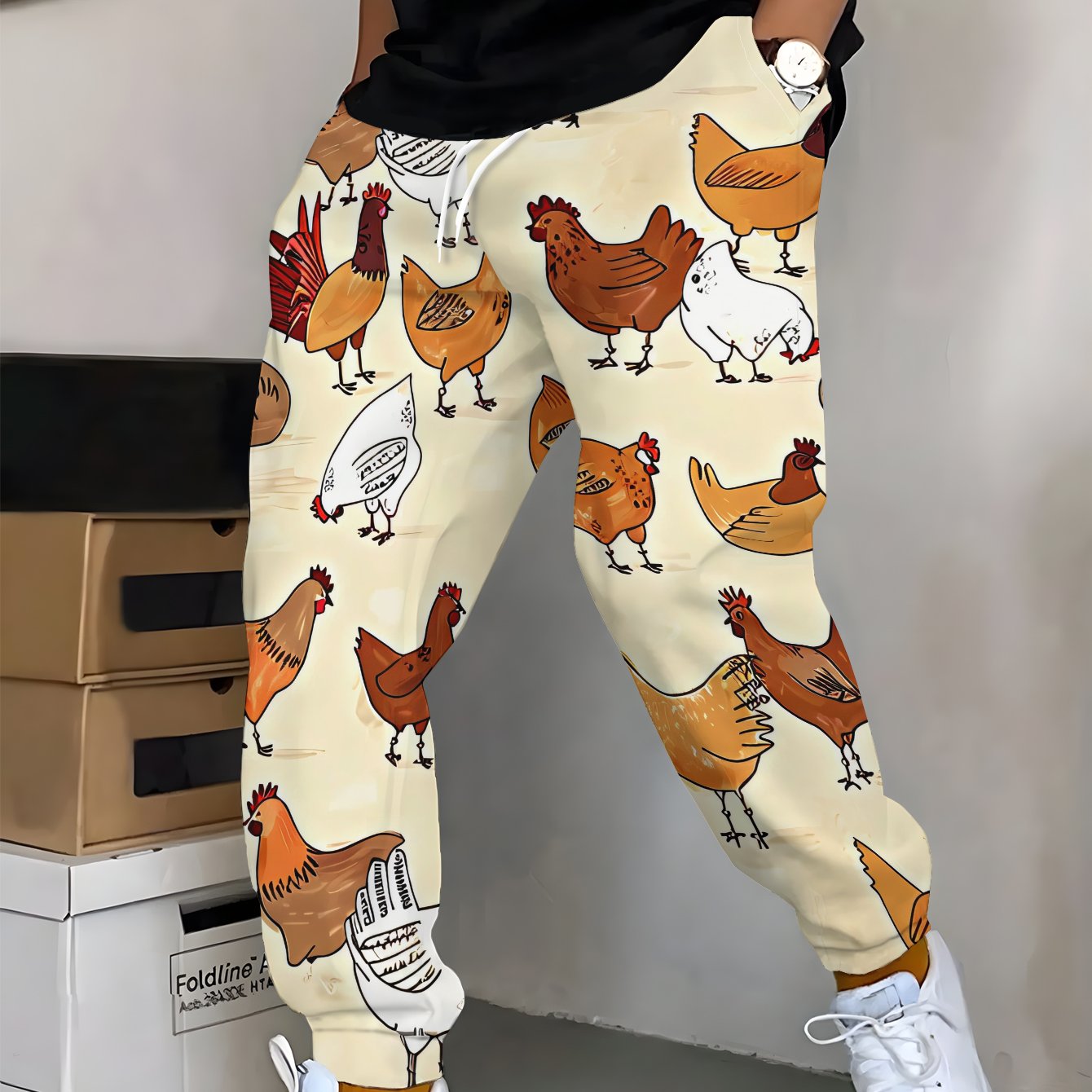 TEMU Fashionable Men's Printed Jogger Pants With Cartoon Chickens In Colors And Sizes, Featuring Drawstrings And Pockets. Stylish, Casual, And