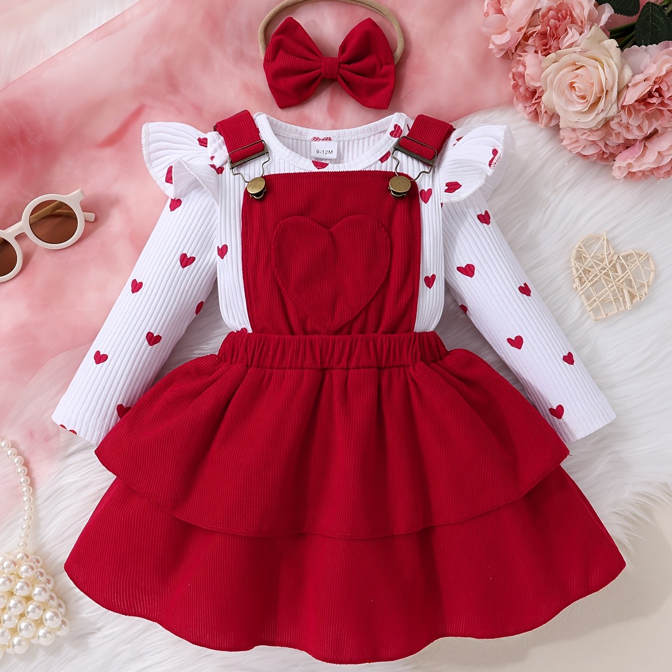 Image of Baby Girl Heart Print Ruffle Sleeve Top Double Layer Skirt Suspender Skirt Headband Three-piece Set, For Outdoor