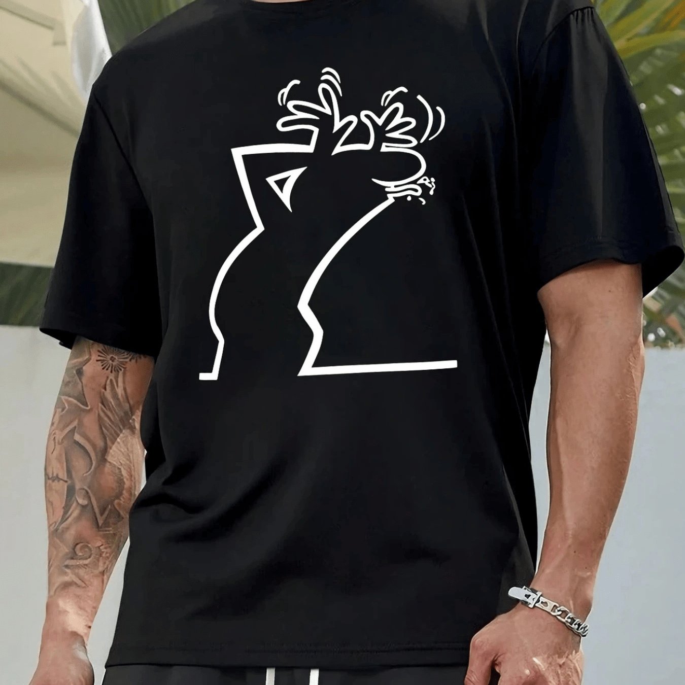 TEMU [printed Design - Not Textured] Plus Size Men's Abstract Line Character T-shirt: , Full Of Artistic Sense. Suitable For Daily Casual Wear, Art