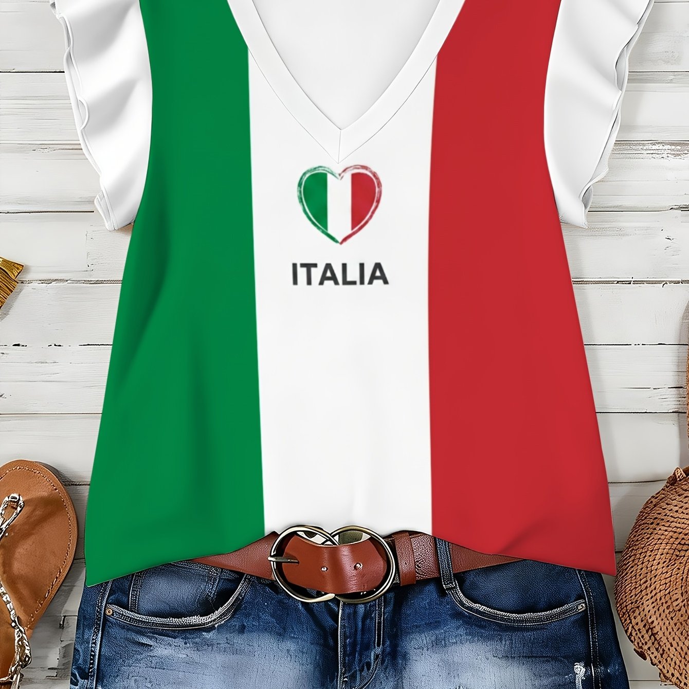 TEMU Printed Design â Not Textured, Italian Flag Print, Color-, National Celebration, Surprise Gift, High-quality Women's Print V-neck Top, Cool
