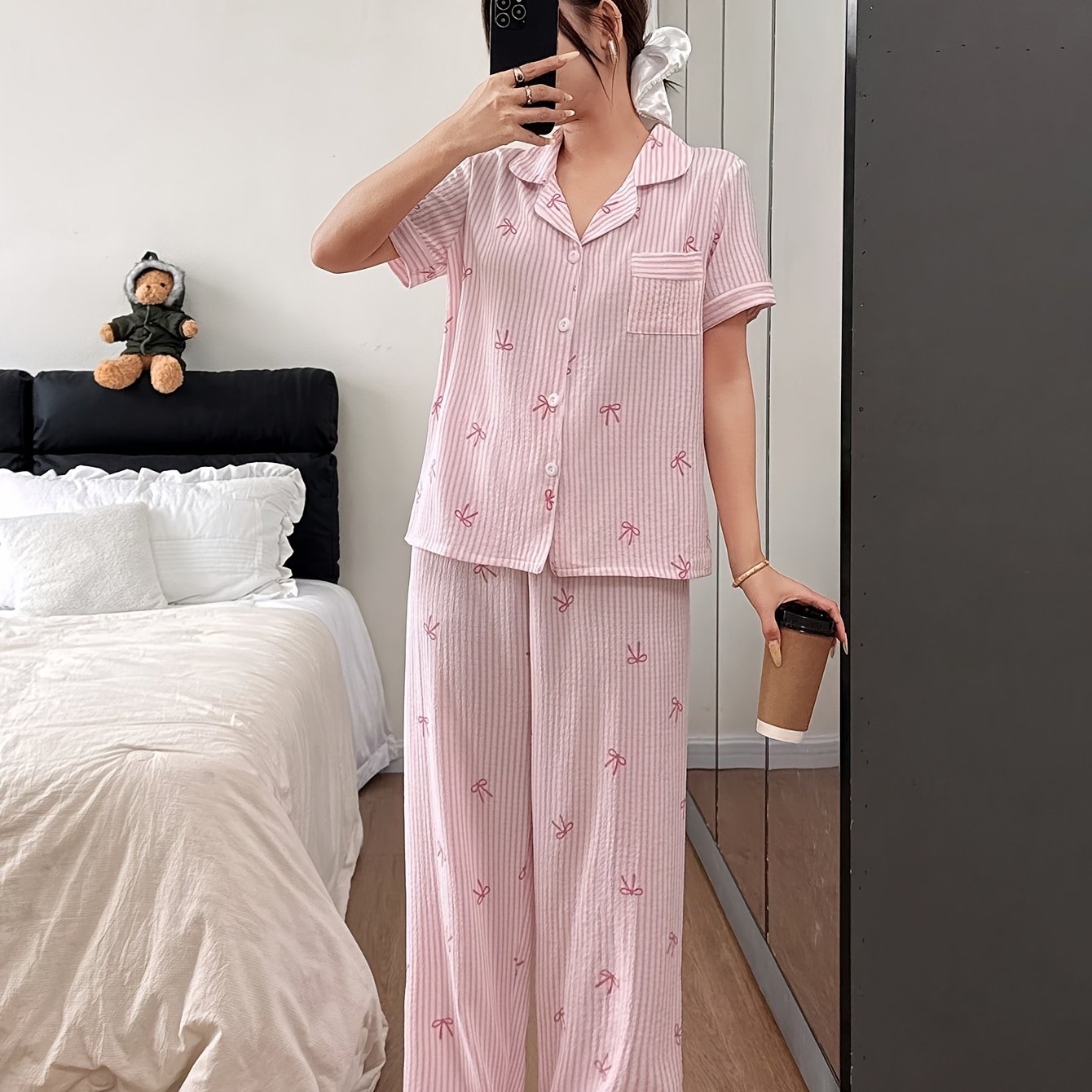 TEMU Spring/summer Bubble Crepe Bow Striped Print Pajama Set, Women's Loungewear And Sleepwear