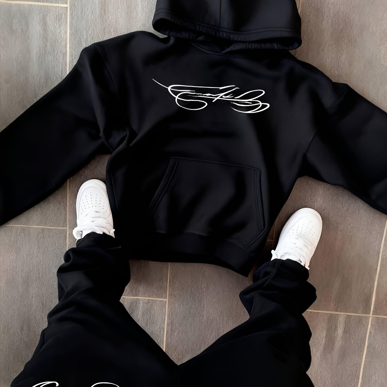 TEMU Men's Autumn/winter 2pcs Set: Classic Letter Printed Hooded Sweatshirt+casual Sweatpants, Get 2pcs