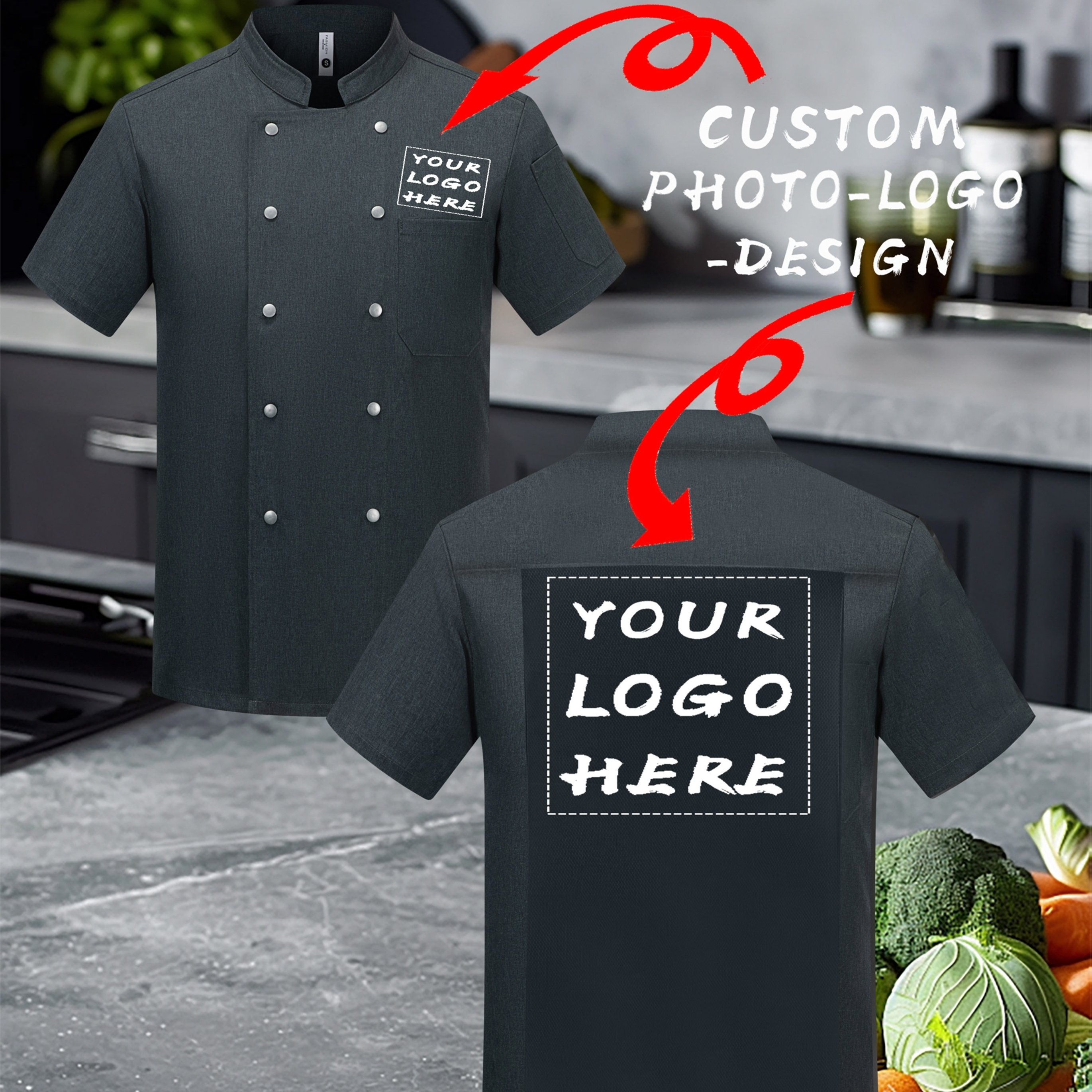 TEMU 1pc Of Customized Summer Breathable Chef's Workwear With Personalized Logo, Image, And Text. Men's Short-sleeve Uniform, Suitable For Catering,