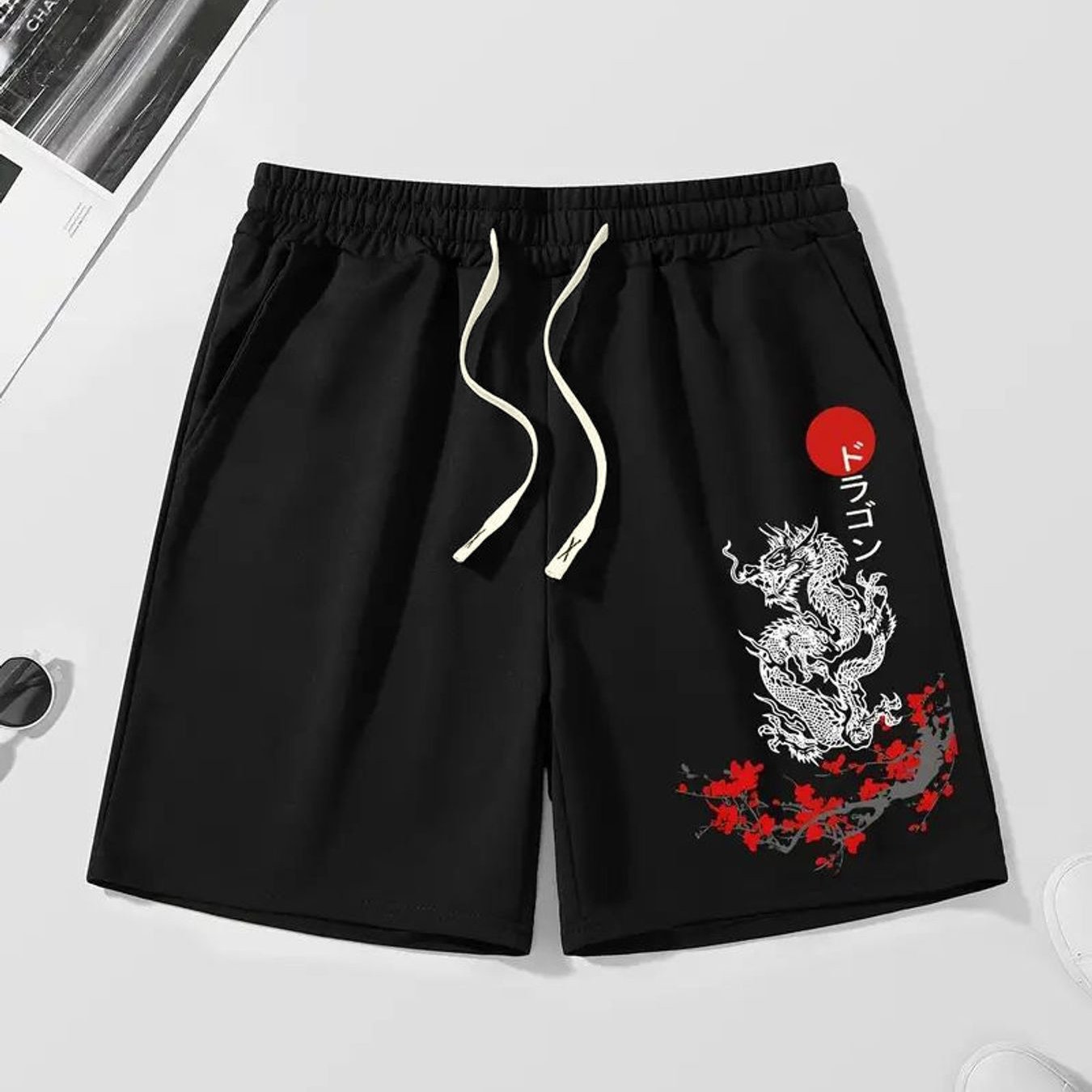 TEMU Men's Elastic Waist Casual Shorts, Japanese White Dragon Floral Japanese Print Bermuda Shorts, Street Trendy Drawstring Loose Straight Black