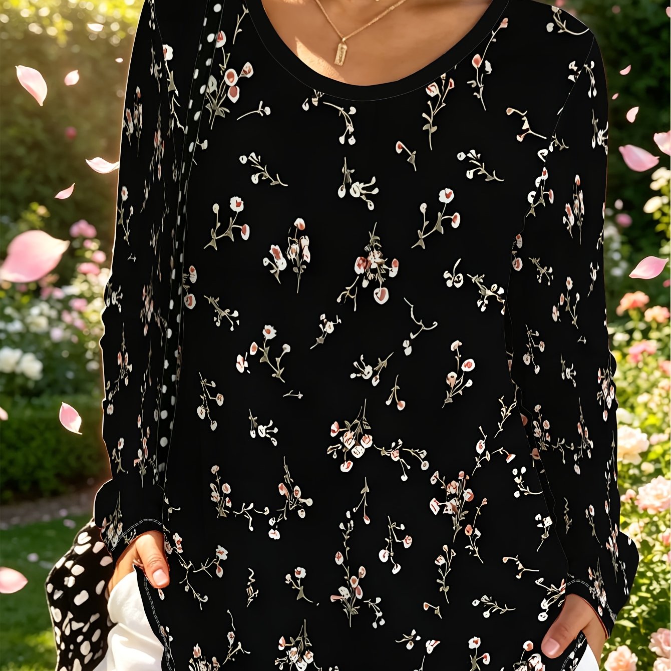 TEMU Plus Size, Plus Size Casual Swear Women's Black Floral Print Loose Long Sleeve Top, Women's Round Neck Spring/autumn Fashion Printed Top