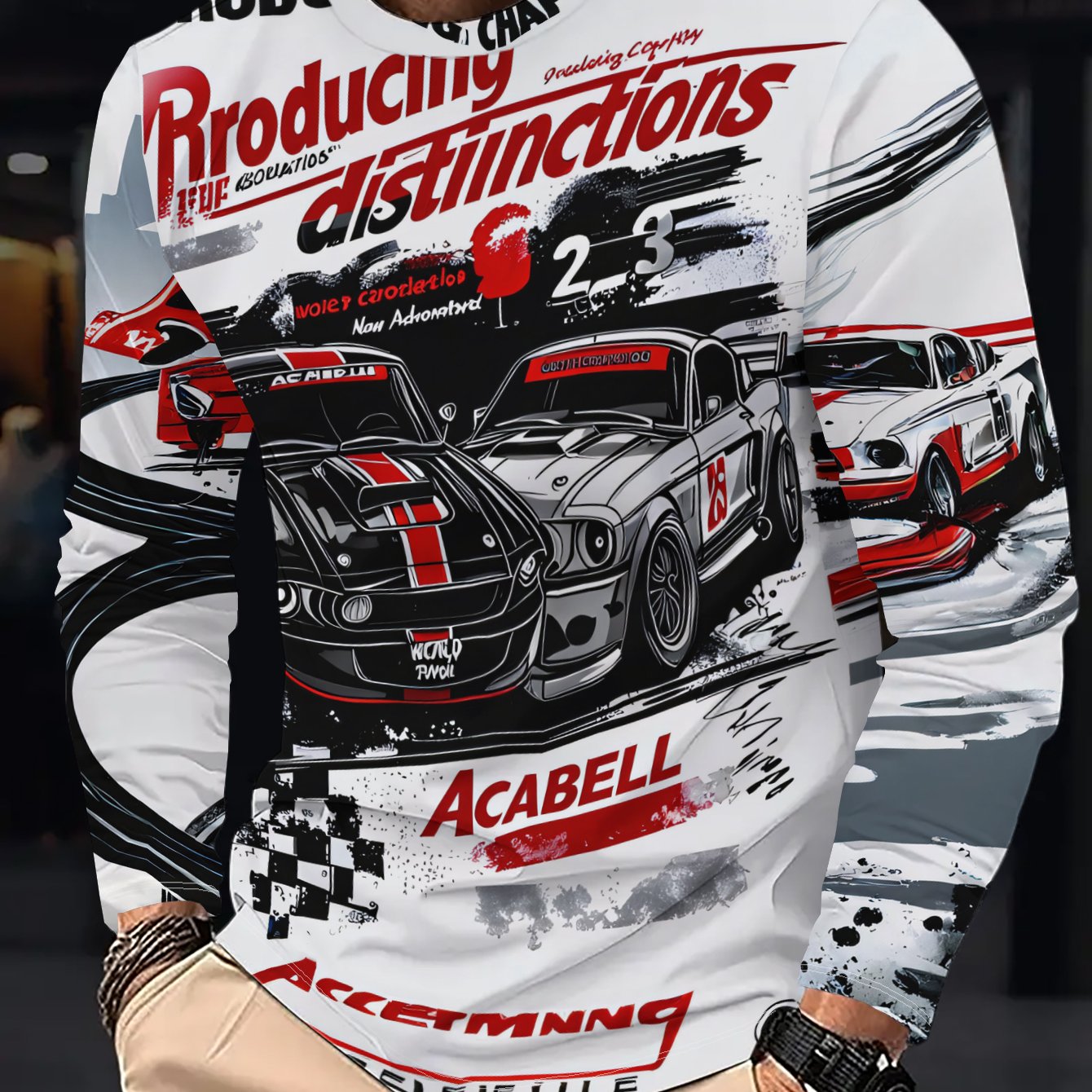 TEMU Men's Casual Long Sleeve T-shirt With Racing Theme Featuring 3 Cars On A Track, Soft And Comfortable, Suitable For Spring And Autumn Outdoor