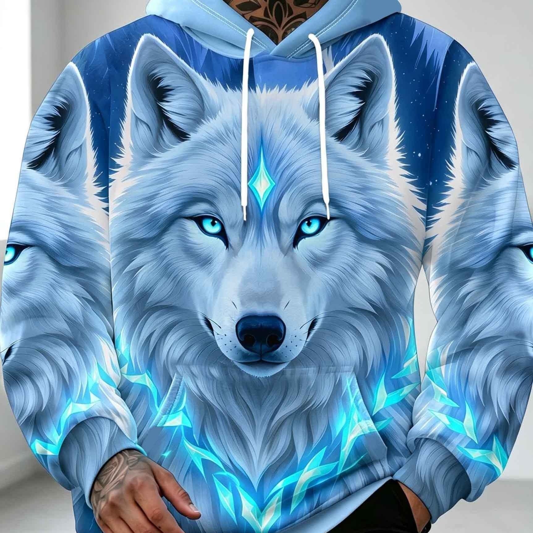 TEMU Men's Printed Hooded Sweatshirt, And White Wolf With Full Wolf Head Graphic Print, Spring/autumn Casual Pullover Hoodie For Men, , Suitable For