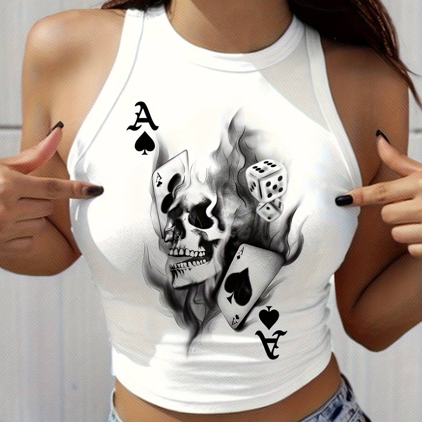 Skull Print Round Neck Vest, Spring Summer Casual Sleeveless Top, Women's Clothing