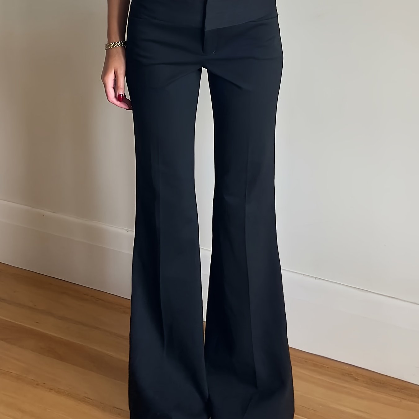 TEMU Chic Low-waisted Black Suit Pants For Women, Stylish And Versatile Flared Trousers, Perfect For Casual And Professional Settings
