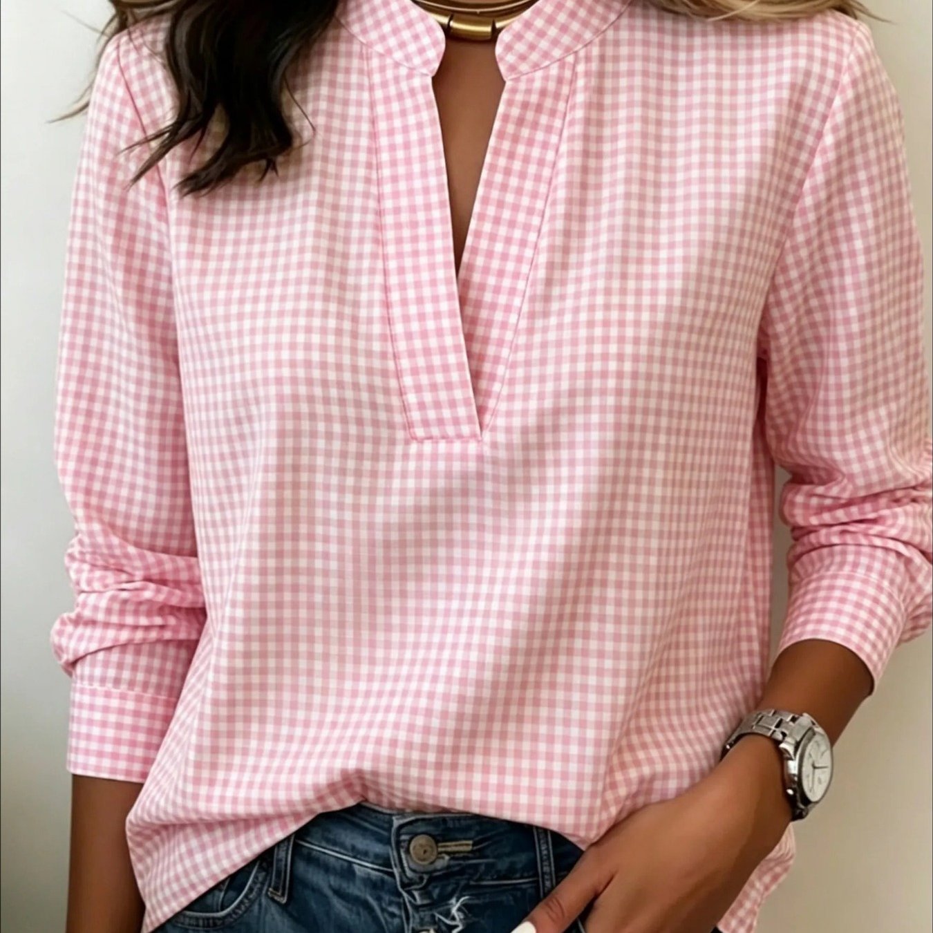 Women's Elegant Long-sleeved Checked Shirt With Loose Collared Top