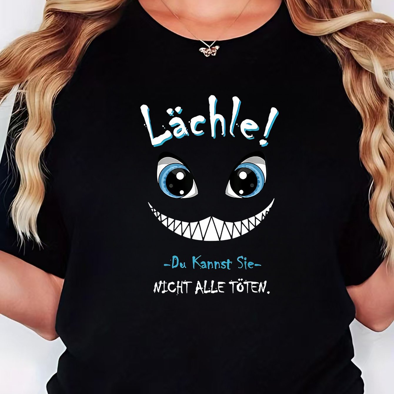 TEMU Style "lächle Du Kannst Sie Nicht Alle Töten" Cheshire Cat Print Women's Fashion Trend Standard Size T-shirt, Spring/summer Comfortable Casual