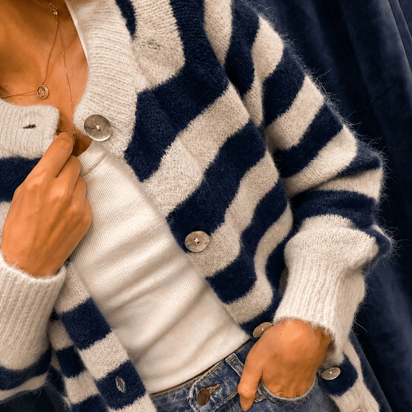 TEMU Elegant Contrast Striped Crew Neck Single-breasted Cardigan, Versatile Loose Outerwear Top For Home, Office, And