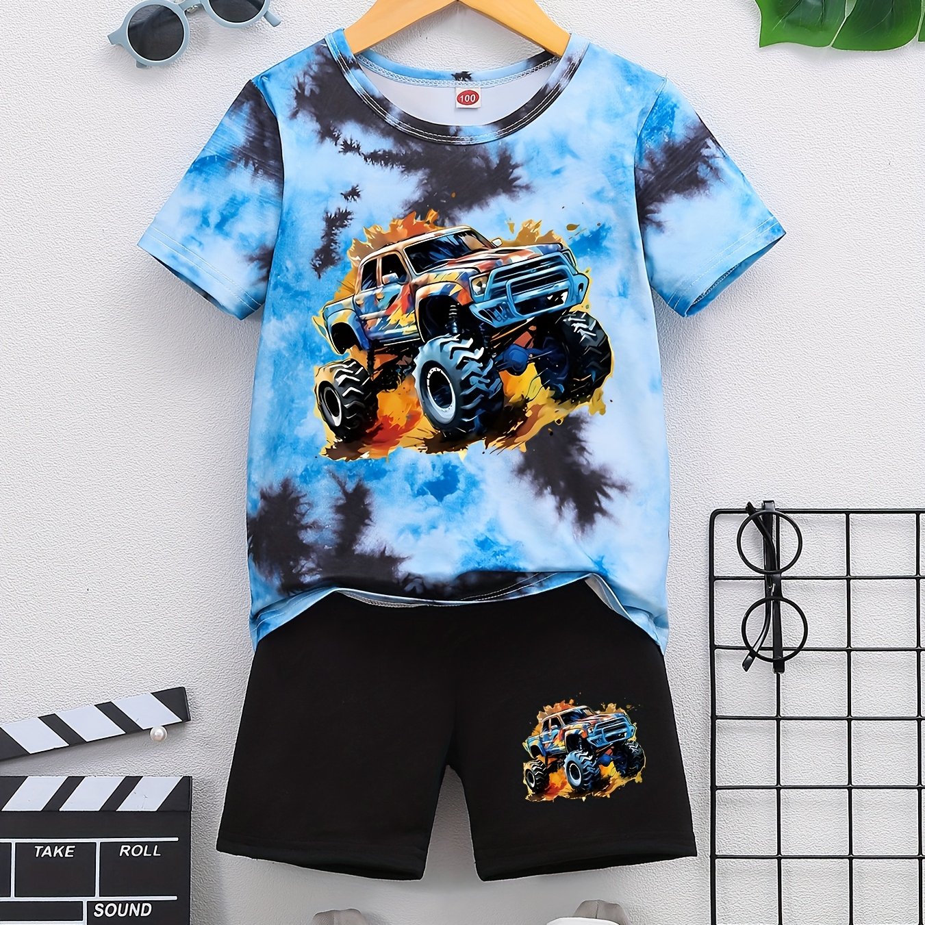 Boys' Off-road Car Print Tie-dye Short Sleeve T-shirt And Elastic Waist Shorts Set, 2pcs Summer Outdoor Outfit, Perfect For Outdoor