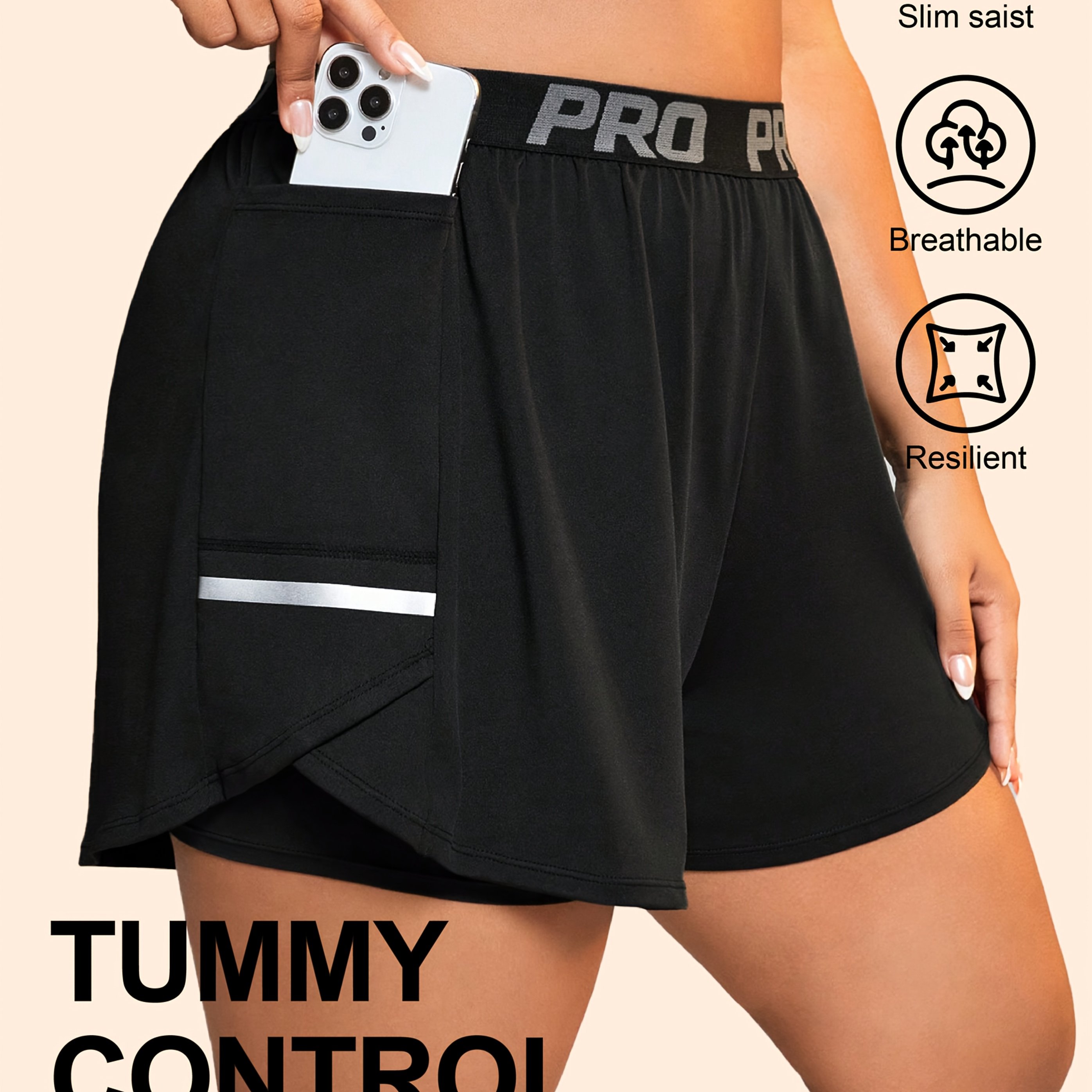 TEMU Plus Size Outdoor Sports English Reflective Heat Transfer Label Pocket Fake Two-piece Shorts