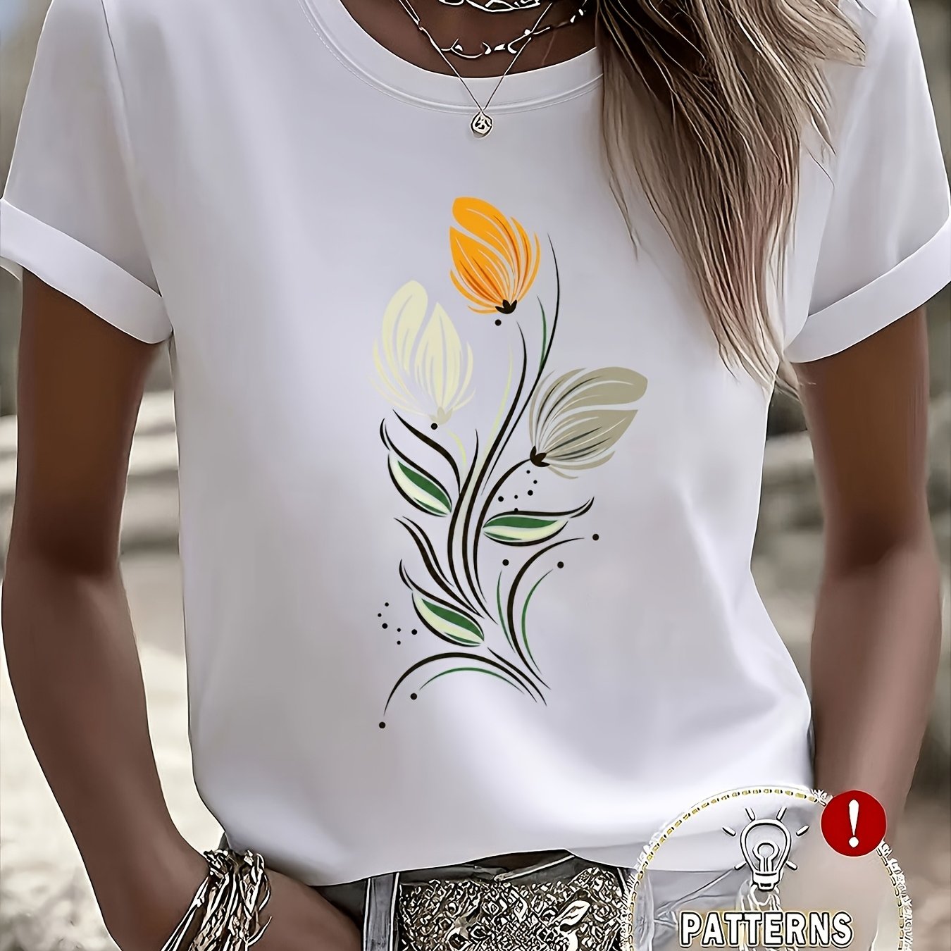Image of Summer Easy Floral Print Short Sleeve Women's Gentle Temperament Slim-fit White Round Neck T-shirt For Outer Wear