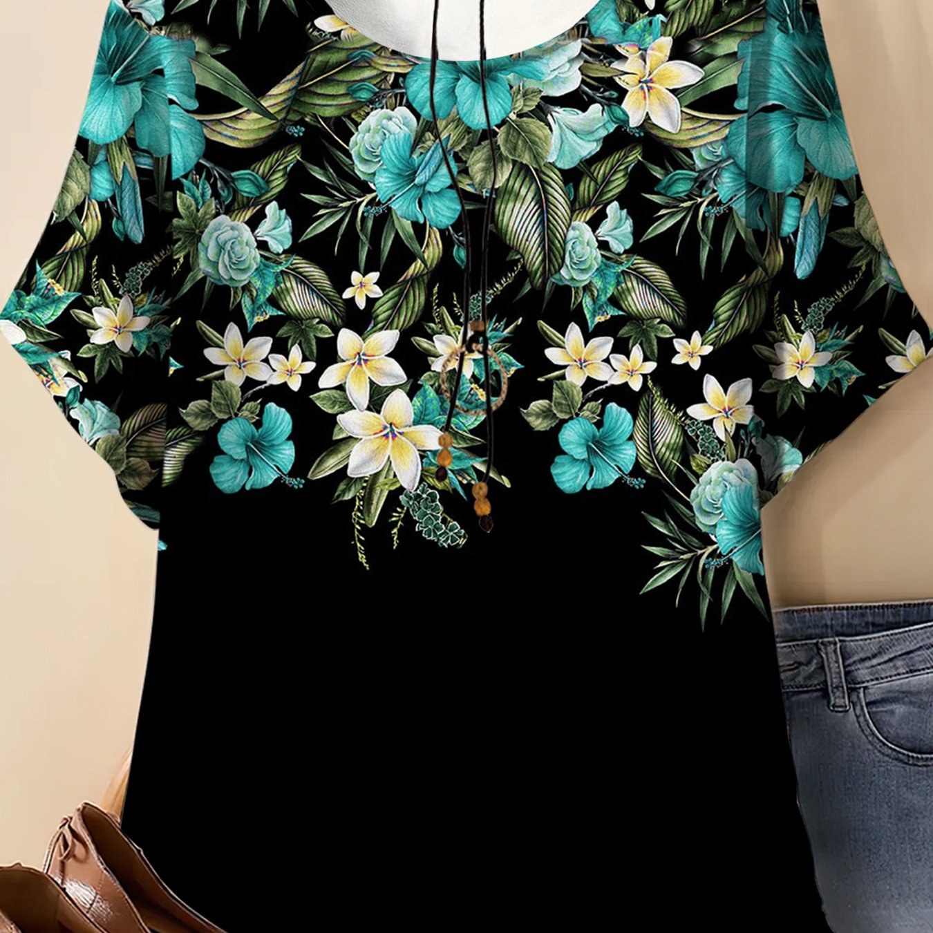 TEMU Plus Size Women's Round Neck Short Sleeve T-shirt, Blocking, Elegant Floral Print. Medium Stretch Soft Fabric - Machine Washable, Fashionable