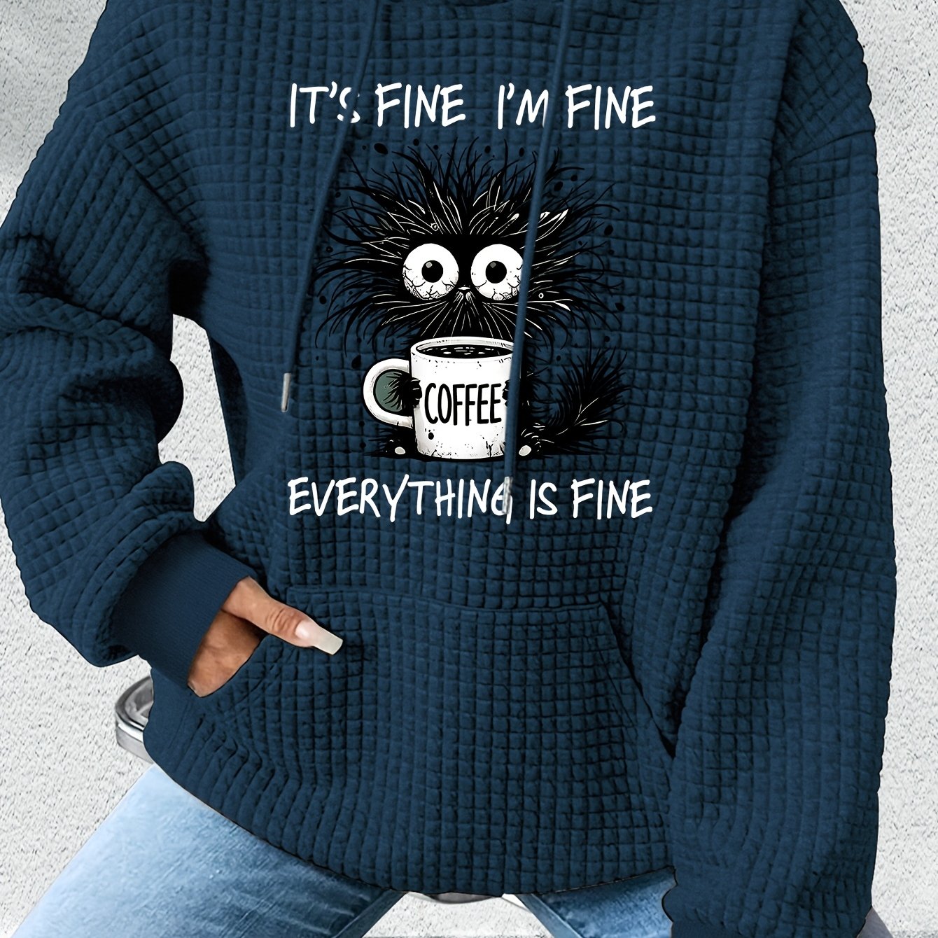 TEMU Women's Black Hoodie With " Fine Everything Is Fine" Cartoon Cat & - Cozy Long Sleeve Pullover For Fall/winter, Casual Everyday Hoodie, Casual