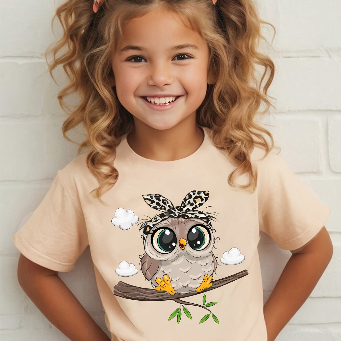 Image of Summer Fashion Girls' Short Sleeve T-shirt With Leopard Print And Owl Cartoon Pattern Casual Top Nydx6083