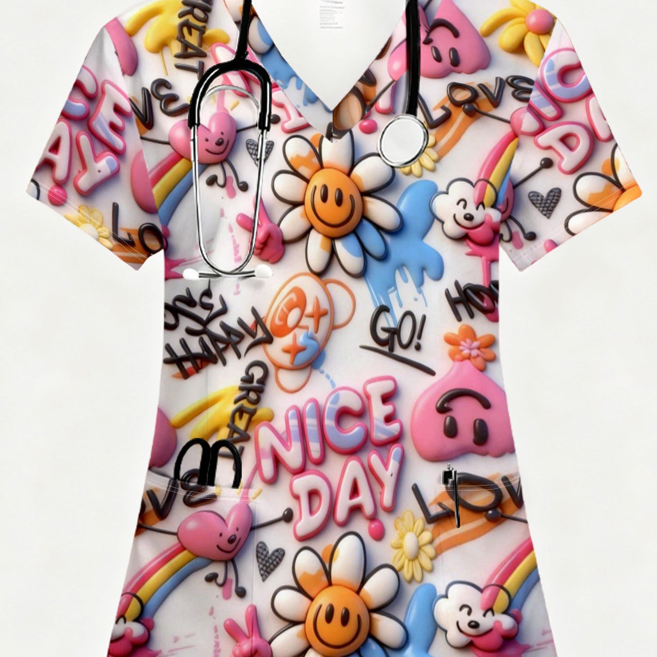 TEMU Uniforme d'aide-soignante à manches courtes pour femme, style , impression 2D de haute qualité avec et floraux, poches incluses, décontracté et