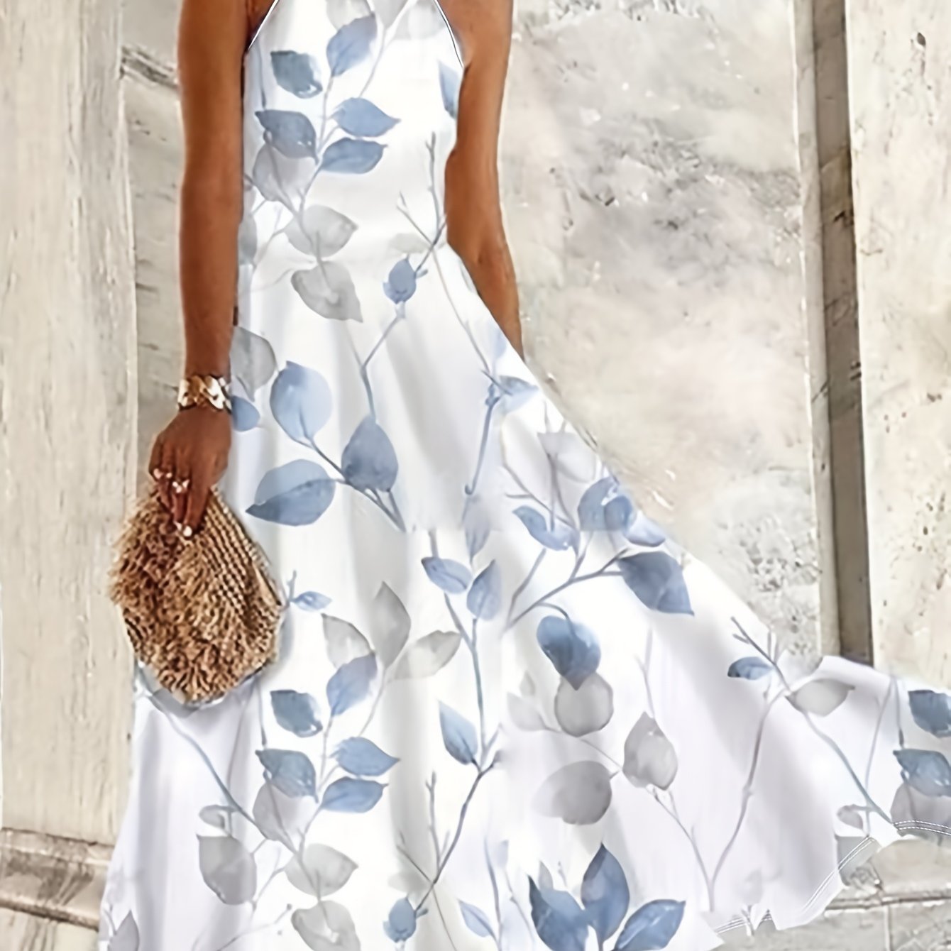 Image of Spring/summer Ink Plant Print Women's Vacation Street Travel Halter Neck Literary Gentle Dress Long Dress