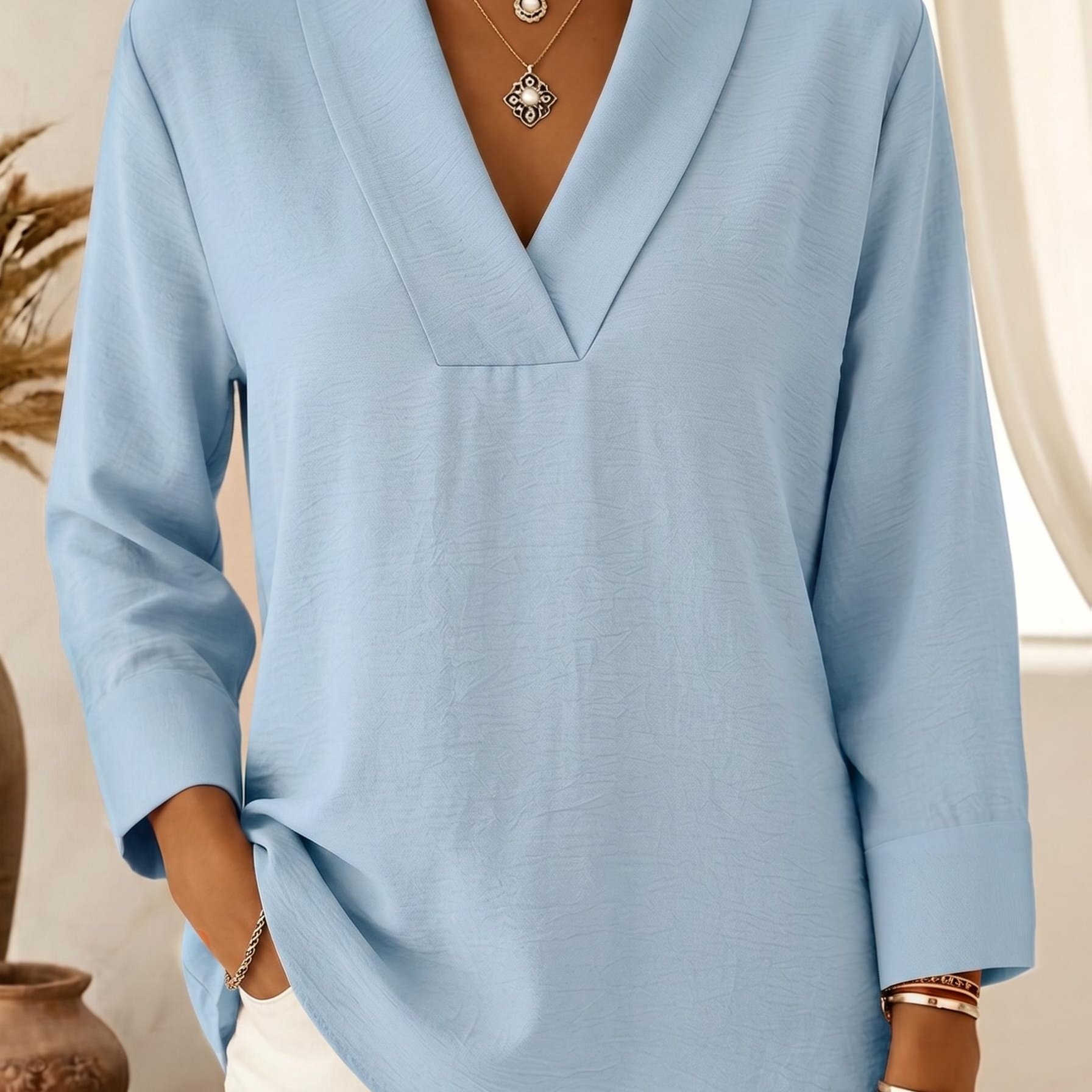 TEMU Plus Size, 2026 Newest Style V-neck Shawl Collar Women's Shirt, Spring/autumn New Arrival, Loose Fit Three-quarter Rolled Cuff Sleeves, Commuter