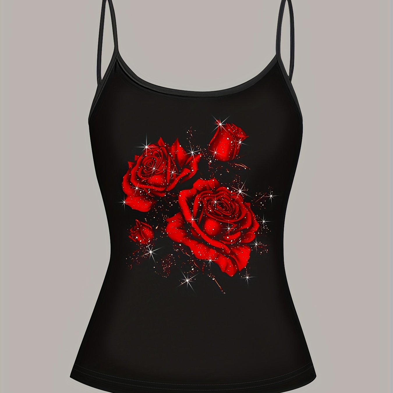 E-shop Damens Elegantes Rotes Rosen- & Sternennacht-Muster Spaghettiträger Tanktop – Sommerliche Ärmellose Bluse mit Glitzerakzenten, Schwarz-Rot