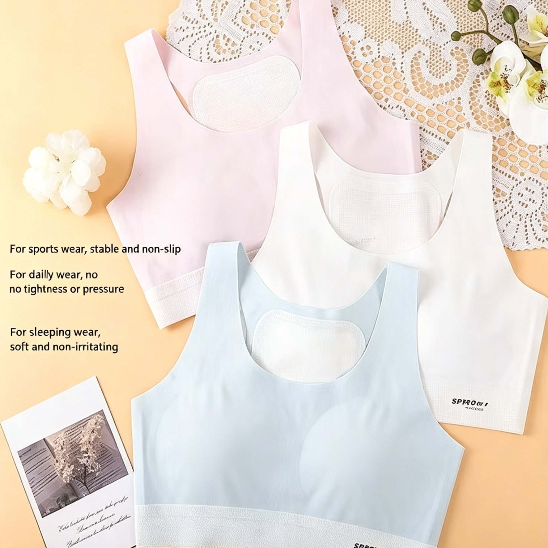 Image of 3pcs Set Of Girls' Bras, Student Sports Bras For Junior High School, Underwear For Puberty, Early And Late Junior High School Girls, Shockproof Seamless Vests