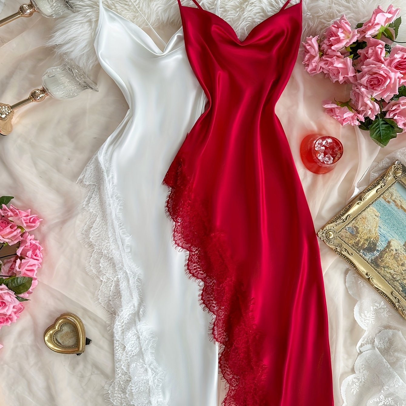 Image of Syz Middle East- Women's Lace Stitching Sexy Comfortable Extended Lace Stitching Nightdress 2pcs Set