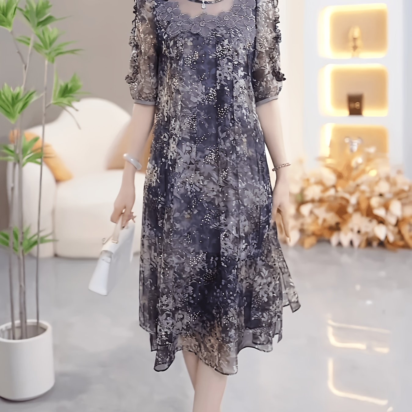 TEMU 【大きいサイズ】花柄ドレス。大きいサイズのワンピース、夏の新作大きいサイズのレディース服、年齢を隠すドレス、快適で通気性、ブラック、肉色を隠す、個性を発揮、美白ドレス