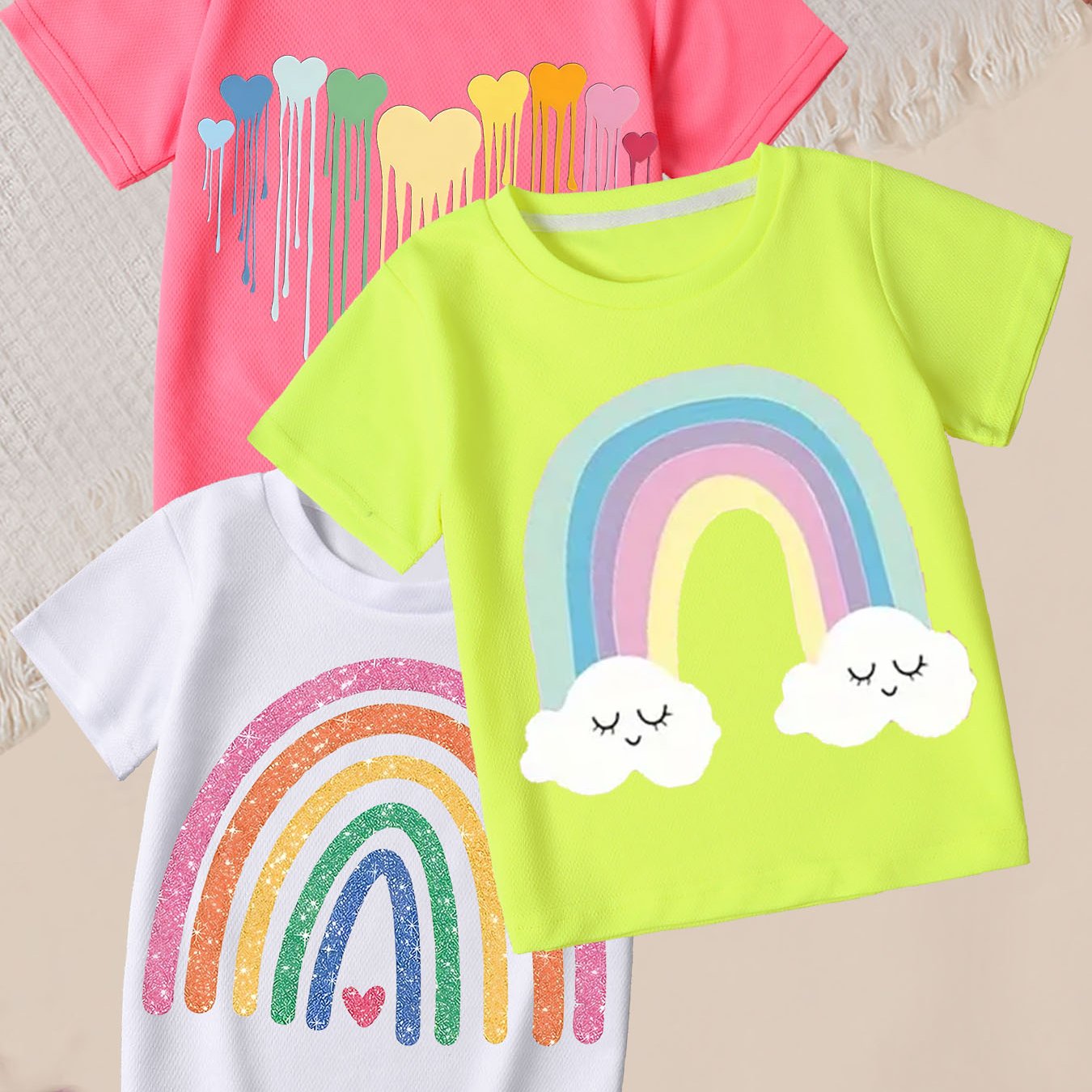 Image of Girls' Colorful Heart And Rainbow T-shirt Apparel, Round Neck Short Sleeve Top 3pcs Set, Spring/summer Girls' Daily Wear, Affordable T-shirt 3pcs