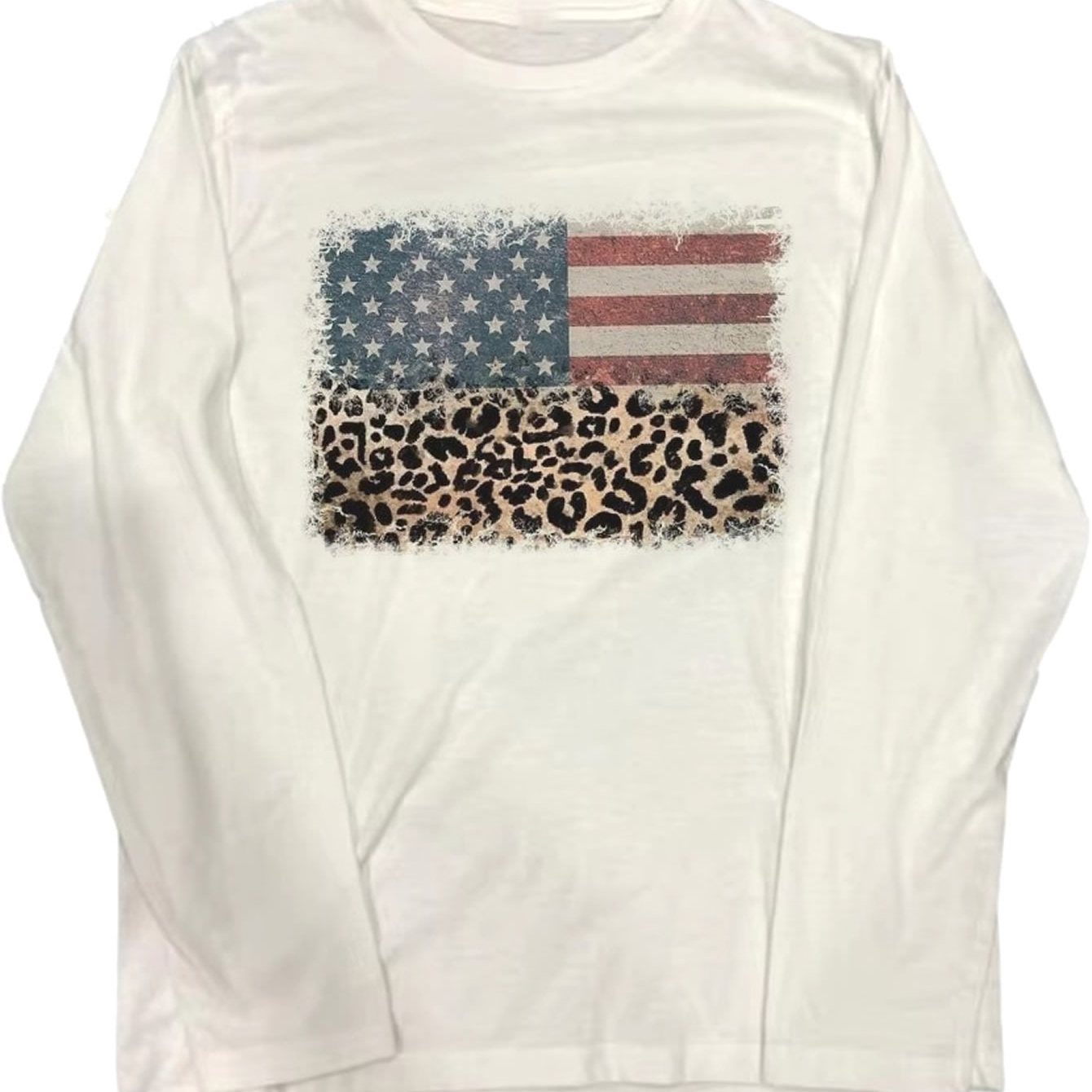 Y2k Autumn And Winter Women's Fashion Casual Long-sleeve T-shirt With Flag And Leopard Print, Emo Style Clothing For Women