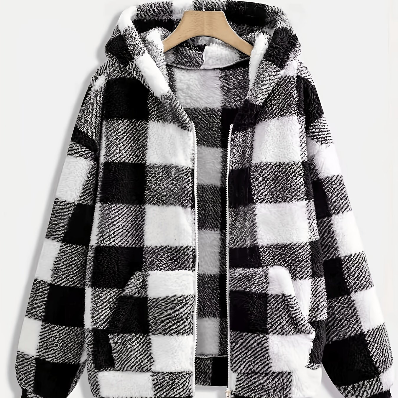 TEMU Sweat-shirt zippé à carreaux pour femme, haut chaud et tendance automne-hiver