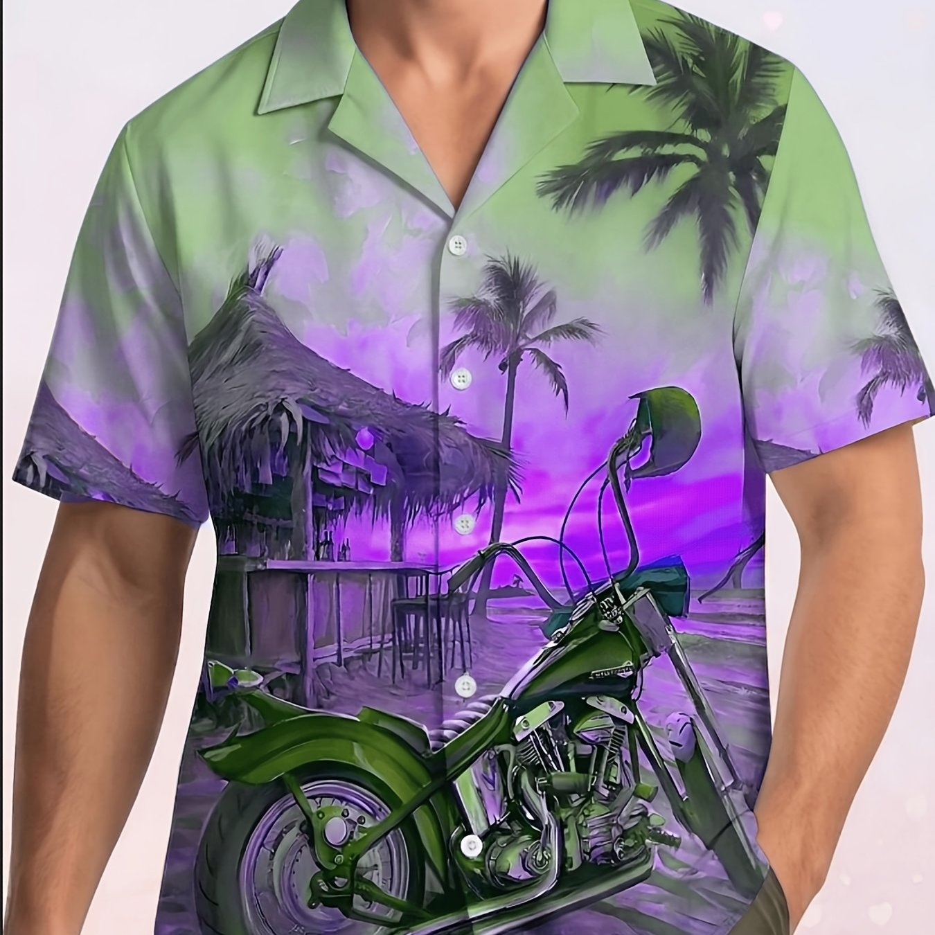 TEMU Men's Vintage Motorcycle & Hawaiian Shirt - Button-up Short Sleeve Collar Beach Top With Motorcycle-themed Palm Tree Print, Breathable Loose Fit