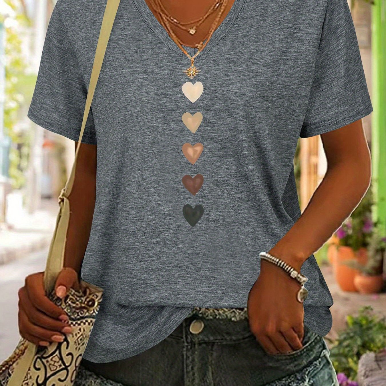TEMU Plus Size - Plus Size - Gradient Heart-shaped Color Block Arrangement Pattern, Printed Women's V-neck Short Sleeve T-shirt, Soft Fabric, Women's