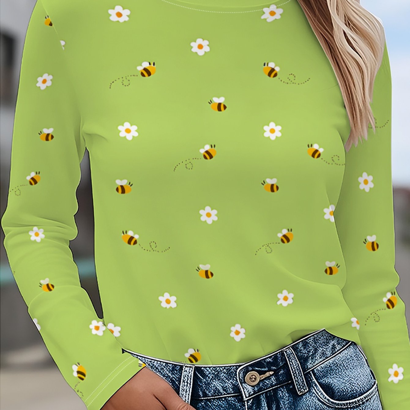 Image of Women's Lime Green Floral And Long Sleeve T-shirt - Full Body Daisy And With Black And White Striped Bee Pattern, Round Neck Casual Spring And Autumn Shirt