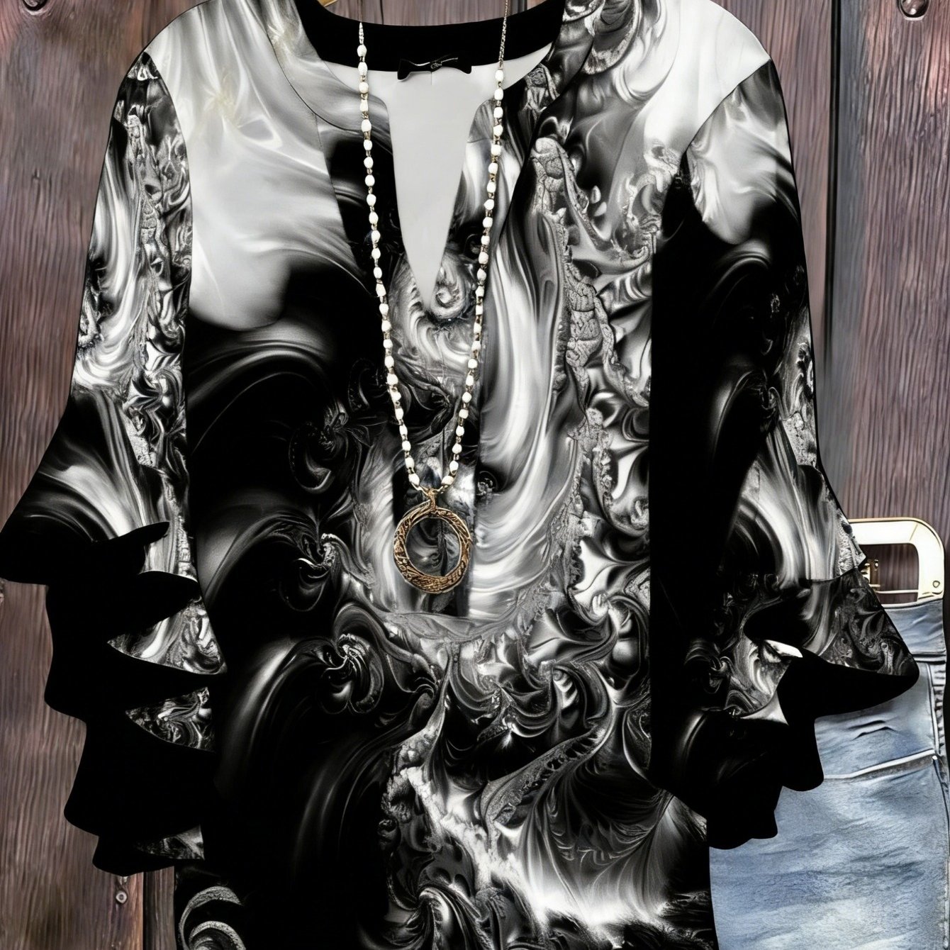 Image of Plus Size - Plus Size - Plus Size Elegant Shirt For Women, V-neck Puff Sleeve Cover-up, Casual, Breathable, And Loose Shirt, Suitable For Spring, Summer, And Autumn Wear, Machine Washable