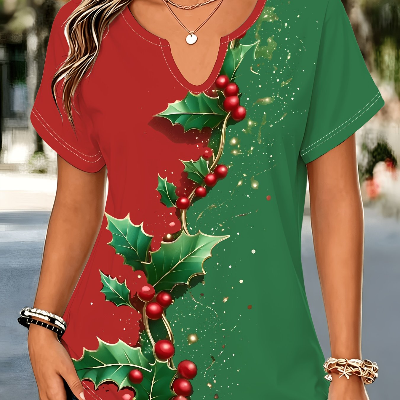TEMU Christmas Red Green Color-block Printed Short Sleeve, Loose Plus Size Cut-out Small V-neck T-shirt, Casual All-match Holiday Top